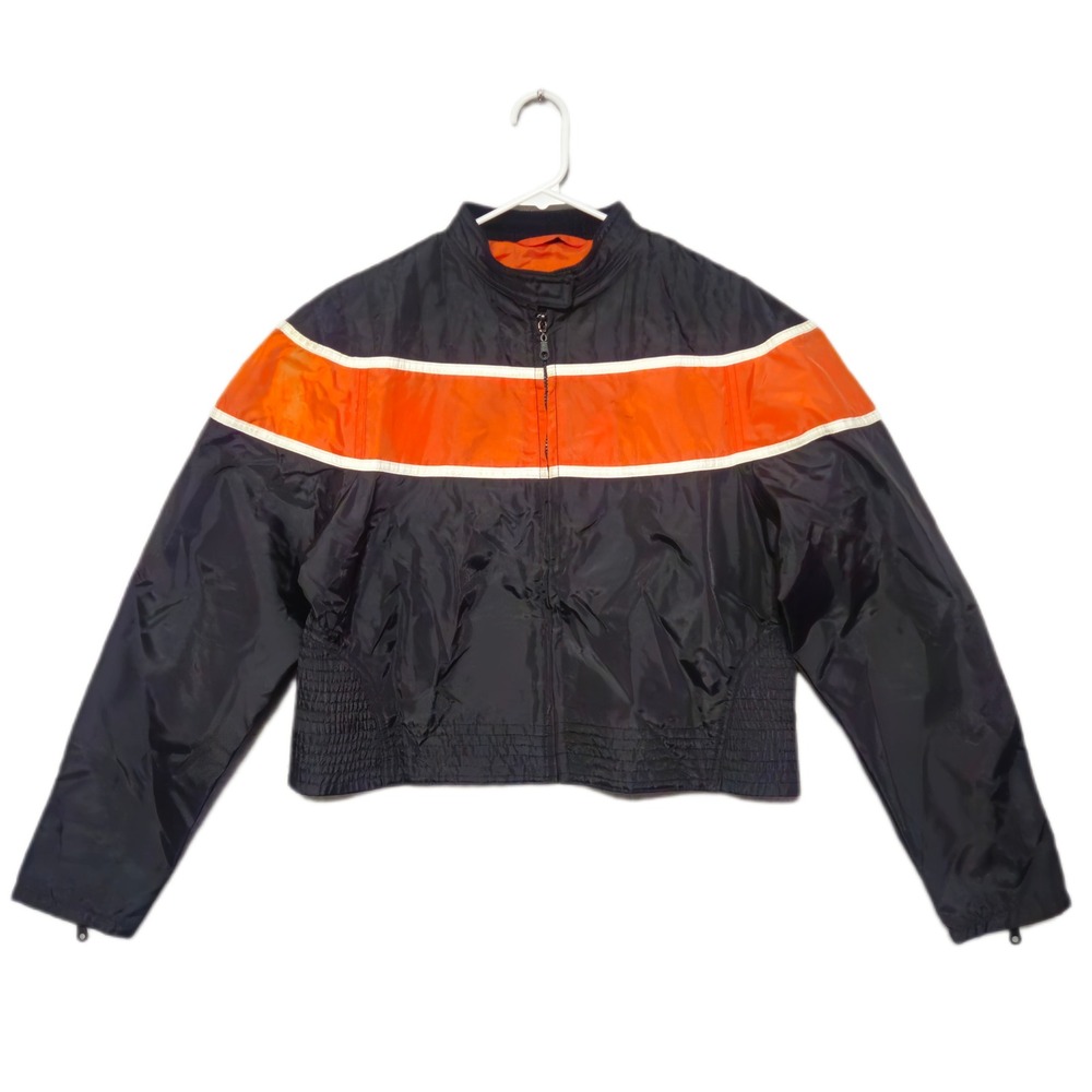 Biker Design Collection Bomber Jacket Women Large Black Orange Moto Winged Patch